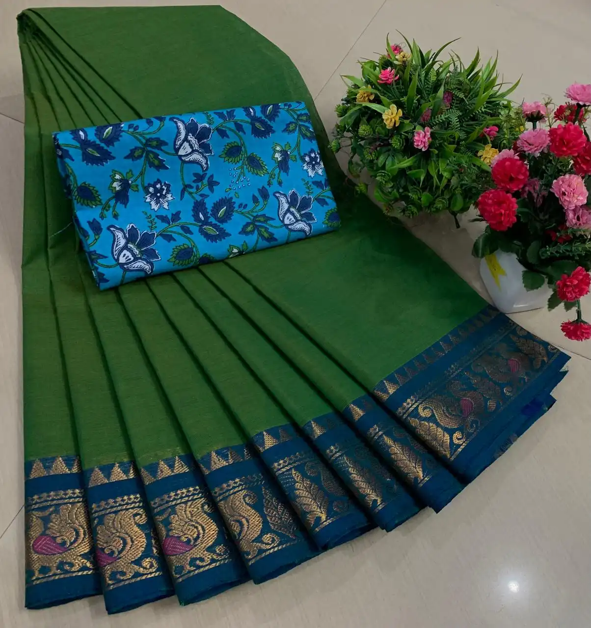 Dark Green Blue Contrast Zari Border Floral  Pure Cotton Saree